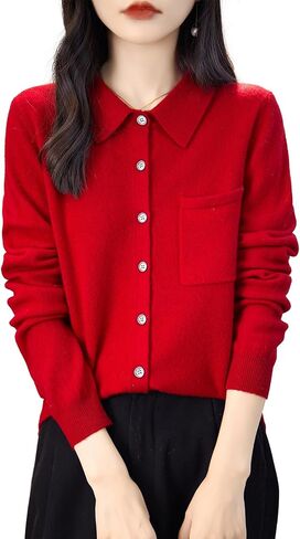 Women's Polo Neck 100% Merino Wool Sweater 2024 Spring Basic Long Sleeve Knitted Cardigan Sweater with Pocket in Kuwait