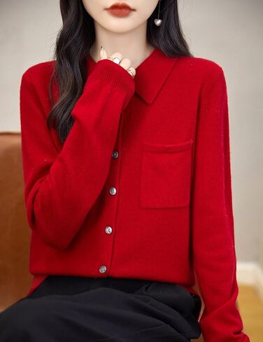 Women's Polo Neck 100% Merino Wool Sweater 2024 Spring Basic Long Sleeve Knitted Cardigan Sweater with Pocket in Kuwait