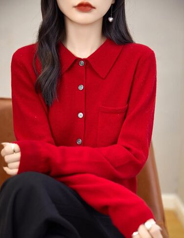 Women's Polo Neck 100% Merino Wool Sweater 2024 Spring Basic Long Sleeve Knitted Cardigan Sweater with Pocket in Kuwait