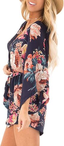 Bonkwa Women's Summer Rompers V Neck Floral Print Casual Romper High Waist Belt Long Baggy Sleeves Loose Short Jumpsuits in Kuwait