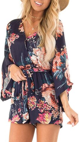 Bonkwa Women's Summer Rompers V Neck Floral Print Casual Romper High Waist Belt Long Baggy Sleeves Loose Short Jumpsuits in Kuwait