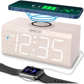 DreamSky Wooden Digital Alarm Clock with Wireless Charging for Bedroom, Bedside Nightstand Clock with Charger Station, USB Port, Large Numbers, Adjustable Volume, Brightness Dimmer, DST