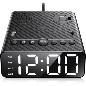 Yostyle Multifunctional Alarm Clock Power Strip: 2 USB & 1 AC Power Outlets, FM Radio & Speaker, 6Ft Extension Cord, Dimmable Digital Clock with Dual Alarm and Snooze Function - Ideal for Bedroom