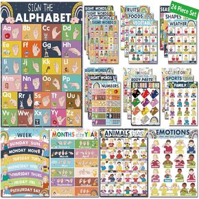 24 Boho American Sign Language Posters for Kids, Sign Language for Babies & Toddlers, ABC Sign Language Flash Cards, ASL Posters for Classroom Decor
