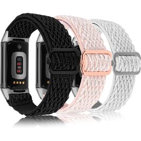 Wearlizer 3 Packs Adjustable Elastic Band Compatible with Fitbit Charge 6 Bands/Charge 5 Bands for Women Men, Stretchy Loop Strap Soft Nylon Sport Wristband Accessories for Charge 6/5 Fitness Tracker