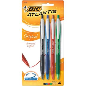 BIC Atlantis Original Retractable Ball Pen, Medium Point (1.0 mm), Black, 4-Count