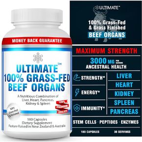 Ultimate Grass Fed Beef Organs Supplement. Supports Energy & Whole Body Wellness* with a Complex of Desiccated Beef Liver, Heart, Kidney, Pancreas & Spleen. Pesticide Free & Non-GMO, 180 Capsules