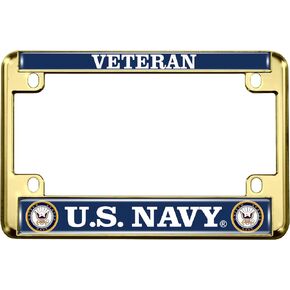 [Officially Licensed Product] - Motorcycle Metal License Plate Frame with U.S. Navy Veteran, Eagle and Anchor Logo Design - Chrome