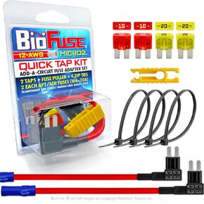12 AWG Standard ATO Quick TAP KIT: 2 Add-A-Circuit Car Fuse Tap Adapters, 2 Each (10A 20A) Regular Fuses, 4 Zip Ties, Fuse Puller (Blade Group: ATO, ATC, ATS, APR)