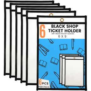 1InTheOffice Dry Erase Pocket Sleeves, Black Shop Job Ticket Holders 6x9, (6 Pack)