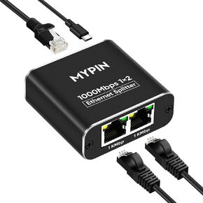 Gigabit Ethernet Splitter 1 to 2 High Speed 1000Mbps with USB Power Cable, RJ45 8P8C LAN Internet Extension Connector for Cat5/5e/6/7/8 Cable, Support Two Devices Working Simultaneously