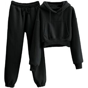 Womens Fleece 2 Piece Outfits Sweatsuit Crop Hooded Pullover Sweatshirt Top Jogger Sweatpants Tracksuits Set