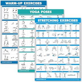 Palace Learning 3 Pack - Warm Up Exercises + Stretching Exercises + Yoga Workouts - Set of 3 Workout Charts (LAMINATED, 18" x 24")
