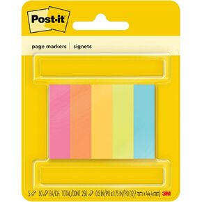 Post-it Page Markers, Assorted Colors, 1/2 in x 2 in, 50 Sheets/Pad, 5 Pads/Pack (670-5AF)