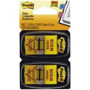Post-it Message Flags, "Sign Here", 50/Dispenser, 2 Dispensers/Pack, 1 in Wide, Yellow (680-SH2)