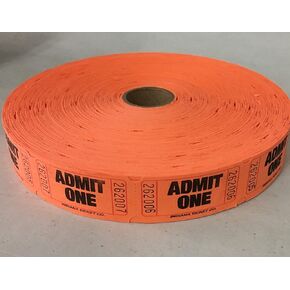 2000 Orange Admit One Single Roll Consecutively Numbered Raffle Tickets