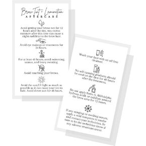 Brow Tint + Lamination Aftercare Cards | 50 pack | Physical Printed 2x3.5" inch Business Card Size | Brow Artist Supplies | Minimalist | White Card Design