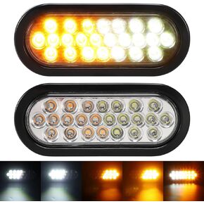 Partsam 2 Pcs 6.5 Inch Oval Amber/White Strobe Lights 24LED Recessed with With Quad Flash Patterns for Truck Towing Trailer Lights Lamps, Rubber Grommets and 3-prong Wire Pigtails Included, 10V-30V