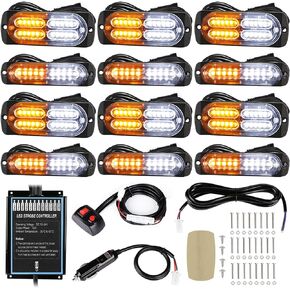 LINKITOM 12pcs Ultra Slim Sync Feature Surface Mount LED Emergency Beacon Hazard Warning Flashing Strobe Lights with Waterproof Controller and Long Heavy Cable for Car Truck Vehicle, Amber/White