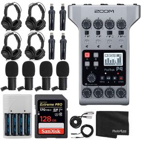 Zoom PodTrak P4 Portable Multitrack Podcast Recorder + 4x Zoom M-1 Mic + 4x Headphones + 4x Tabletop Stand + 128GB Extreme PRO SDXC Memory Card + AA Batteries and Charger – 4 Person Podcasting Bundle