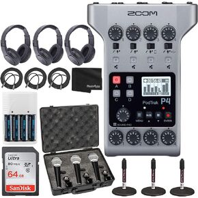 Zoom PodTrak P4 Portable Multitrack Podcast Recorder + 64GB SDXC Memory Card + Dynamic Cardioid Handheld Mic (3-Pack) with Carrying Case + 3X Stereo Headphones + 3X Mic Stand + Batteries and Charger