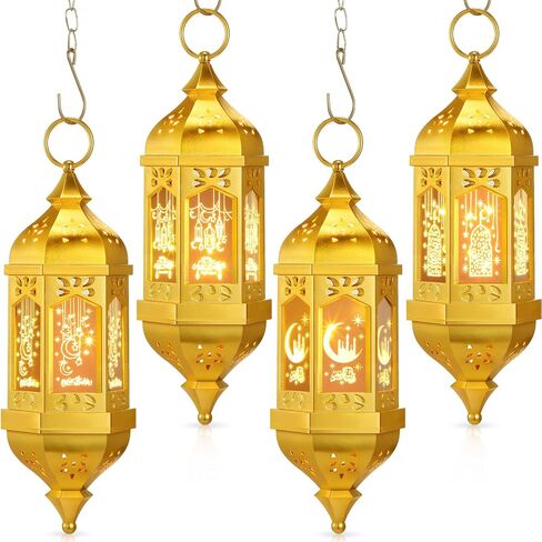 Threan 4 Pcs Ramadan Lantern Ramadan Hanging Hexagon Decorations Ramadan Mubarak Lantern LED Eid Mubarak Lantern Lights Kids Gifts for Home Muslim Islam Festival Porch Decor (Black) in Saudi Arabia