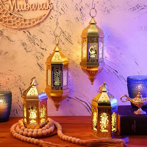 Threan 4 Pcs Ramadan Lantern Ramadan Hanging Hexagon Decorations Ramadan Mubarak Lantern LED Eid Mubarak Lantern Lights Kids Gifts for Home Muslim Islam Festival Porch Decor (Black) in Saudi Arabia
