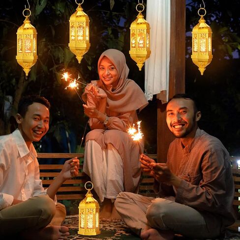 Threan 4 Pcs Ramadan Lantern Ramadan Hanging Hexagon Decorations Ramadan Mubarak Lantern LED Eid Mubarak Lantern Lights Kids Gifts for Home Muslim Islam Festival Porch Decor (Black) in Saudi Arabia