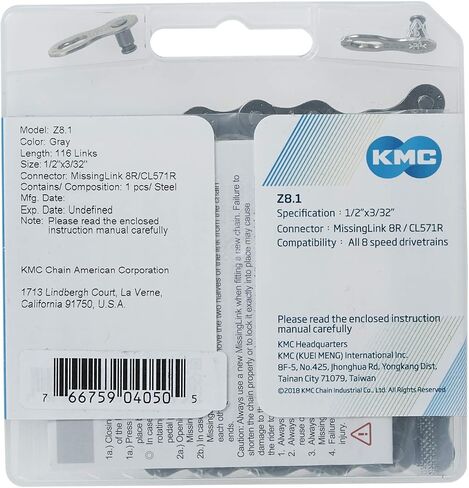 KMC Z8.1 8 speed inner chamfering 7.1MM pin length Bicycle Chain (1/2" x 3/32") Gray 1 pcs /Steel 116 links in Saudi Arabia