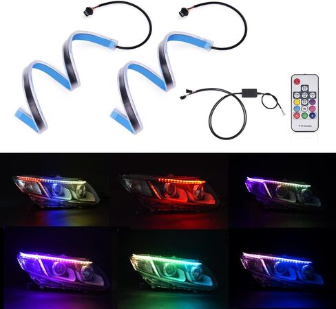 MICTUNING RGB Flexible LED Strip Light Kits, 2 Pcs 18.5 inch Multi Color LED Daytime Running Lights Car Headlight Surface Strip Tube Light Waterproof Neon Turn Signal Lights DRL Switchback Light in Saudi Arabia