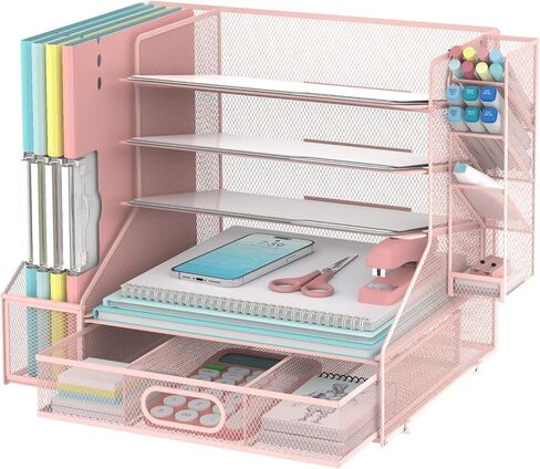 منظم مكتب SUPEASY مع حامل ملفات، منظم صينية رسائل ورقية شبكية من 5 طبقات مع حامل أقلام ودرج، منظم سطح المكتب والتخزين مع 3 فارز ملفات مائل للوازم المكتبية، وردي in Kuwait