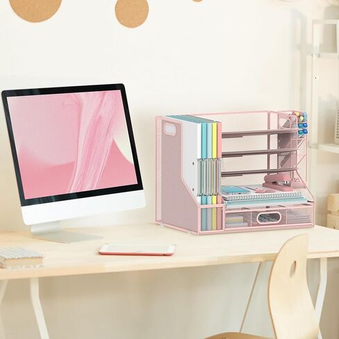 منظم مكتب SUPEASY مع حامل ملفات، منظم صينية رسائل ورقية شبكية من 5 طبقات مع حامل أقلام ودرج، منظم سطح المكتب والتخزين مع 3 فارز ملفات مائل للوازم المكتبية، وردي in Kuwait