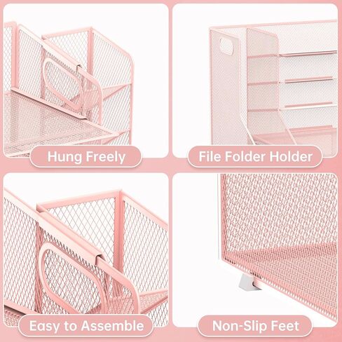 منظم مكتب SUPEASY مع حامل ملفات، منظم صينية رسائل ورقية شبكية من 5 طبقات مع حامل أقلام ودرج، منظم سطح المكتب والتخزين مع 3 فارز ملفات مائل للوازم المكتبية، وردي in Kuwait
