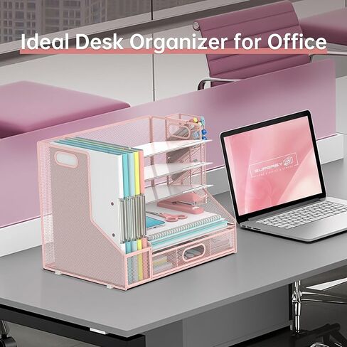 منظم مكتب SUPEASY مع حامل ملفات، منظم صينية رسائل ورقية شبكية من 5 طبقات مع حامل أقلام ودرج، منظم سطح المكتب والتخزين مع 3 فارز ملفات مائل للوازم المكتبية، وردي in Kuwait