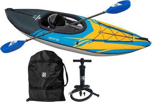 مجموعة Aquaglide Aquaglide Noyo 90 القابلة للنفخ - شخص واحد بجولة في قوارب الكاياك مع غطاء ومجداف ومقعد وحقيبة حمل ومضخة، متعددة الألوان in Kuwait