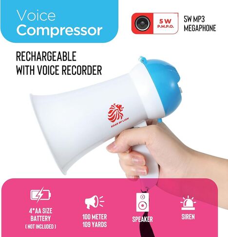 مكبر صوت صغير من Roar of Lion Bullhorn مع صفارة إنذار وتحكم في مستوى الصوت للأطفال - مقاوم للماء بقدرة 5 وات وأداء موثوق ومتسق، أقصى مدى 109 ياردة in Kuwait