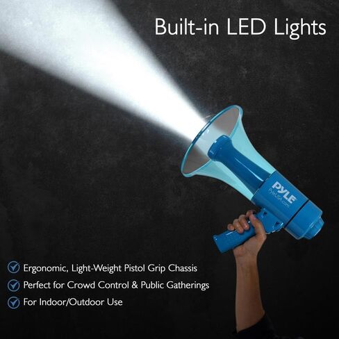 Pyle (Blue) 40W Compact, Portable Waterproof Megaphone Bullhorn with Flashlight - Rechargeable PA Speaker, Adjustable Volume, Loud Alarm Siren, Handheld Lightweight Design for Outdoor Activities in Saudi Arabia