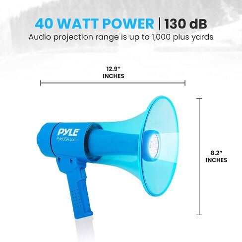 Pyle (Blue) 40W Compact, Portable Waterproof Megaphone Bullhorn with Flashlight - Rechargeable PA Speaker, Adjustable Volume, Loud Alarm Siren, Handheld Lightweight Design for Outdoor Activities in Saudi Arabia