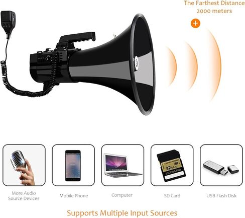 Heavy Duty 75W Professional Megaphone Bullhorn Speaker with Built-in Microphone-Rechargeable Battery&Portable Strap-Siren -USB/SD/AUX Input-Ideal for Football, Baseball,Coaches in Kuwait