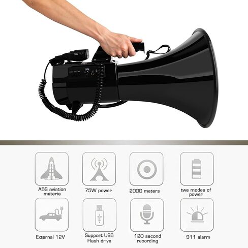 Heavy Duty 75W Professional Megaphone Bullhorn Speaker with Built-in Microphone-Rechargeable Battery&Portable Strap-Siren -USB/SD/AUX Input-Ideal for Football, Baseball,Coaches in Kuwait
