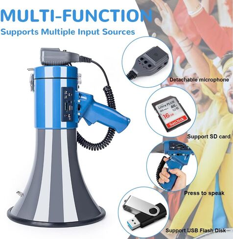 Professional 50-Watt Bullhorn Megaphone - Detachable Microphone, Portable/Lightweight & Rechargeable Battery,USB/SD/AUX- Ideal for Police & Cheerleading in Saudi Arabia