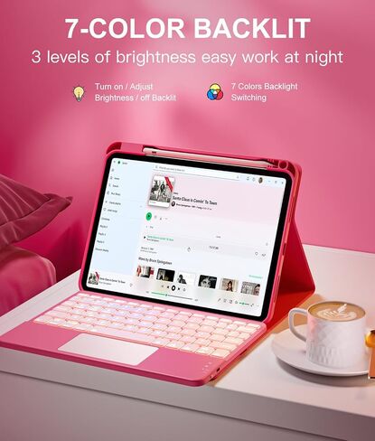 Harvopu iPad 10th Generation Case with Keyboard (10.9", 2022), Smart Keyboard Folio Cover with Pencil Holder, Multi-Touch Trackpad, 7 Color Backlit, Detachable Keyboard for iPad 10th Gen (Pink) in Saudi Arabia