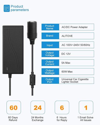 ALITOVE AC إلى DC محول 12V 5A 60W 100-240V إلى 12V سيارة ولاعة السجائر المقبس AC / DC محول الطاقة إمدادات الطاقة للسيارة مكنسة كهربائية سيارة مروحة سيارة MP3 أجهزة السيارات الأخرى تحت 60W in Saudi Arabia