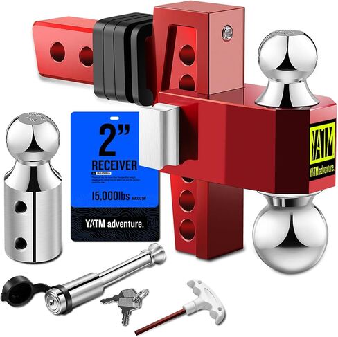 YATM Adjustable Hitches Fits 2" Receiver,6"Drop/Rise,Replaces Tri Balls (1-7/8", 2", 2-5/16"), Keyed of Dual Pin Key Locks, Aluminum Trailer Hitches with GTW 15,000LBS,Ultra Quiet,Red,532006 in Saudi Arabia