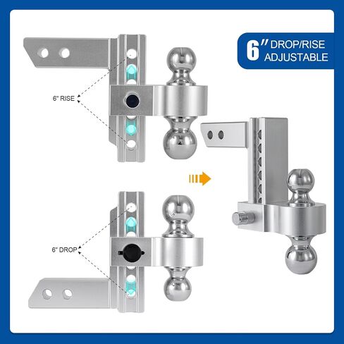 Adjustable Trailer Hitches, 6-Inch Drop/Rise Aluminum Drop Hitch, Dual Ball (2" X 2-5/16"), 12,500 LBS GTW-Tow Hitch for Heavy Duty Truck with Double Locks, Fits 2-Inch Receiver in Saudi Arabia