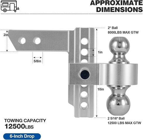 Adjustable Trailer Hitches, 6-Inch Drop/Rise Aluminum Drop Hitch, Dual Ball (2" X 2-5/16"), 12,500 LBS GTW-Tow Hitch for Heavy Duty Truck with Double Locks, Fits 2-Inch Receiver in Saudi Arabia