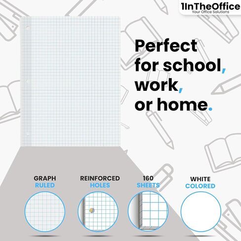 1InTheOffice Binder Graph Paper, 3 Hole Small Graph Paper, 8x10.5 White, 160 Sheets/Pack in Saudi Arabia