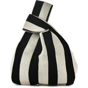 Women Knitted Hobo Purse Stripes Crocheted Colorblock Knot Light Wristlet Tope-hanle Handbag For Shopping Work School
