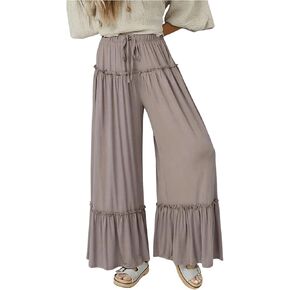 Women's High Drawstring Waist Wide Leg Pants Loose Ruffle Hem Frill Vacation Long Trousers