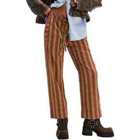 Women Striped Drawstring Pants Straight Wide Leg Jeans Low Elastic Waist Trousers with Pockets
